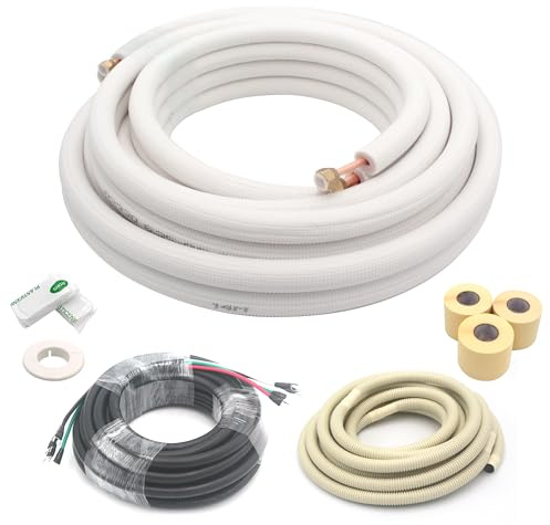 TAUROX 25FT Mini Split Line Set 1/4 & 3/8 O.D Copper Pipes Tubing and 3/8 White Thickened PE Insulation Coil, for Mini Split Air Conditioning or Heating Pump Equipment and HVAC with Flared Nuts.