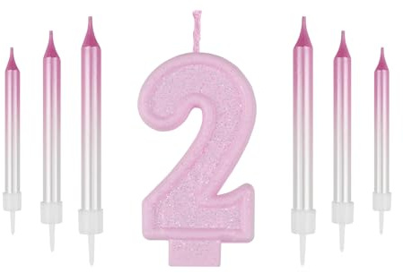 ZHIHUI 7 Stück Zahlen-Geburtstagskerzen, Rosa Zahl 2-Kuchenaufsatz, 2. Geburtstagskerzen, Rosa und Niedliche Glänzende Zahlen-Alles Gute zum Geburtstag-Kuchenkerzen für Geburtstagsfeier, Hochzeitstag