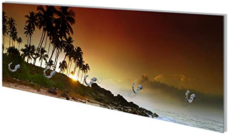 Wallario Wandgarderobe aus Glas in Größe 80 x 30 cm mit Memoboard-Funktion, Motiv: Sri Lanka - Palmenstrand mit Sonnenuntergang | 5 Kleiderhaken zum Aufhängen von Jacken
