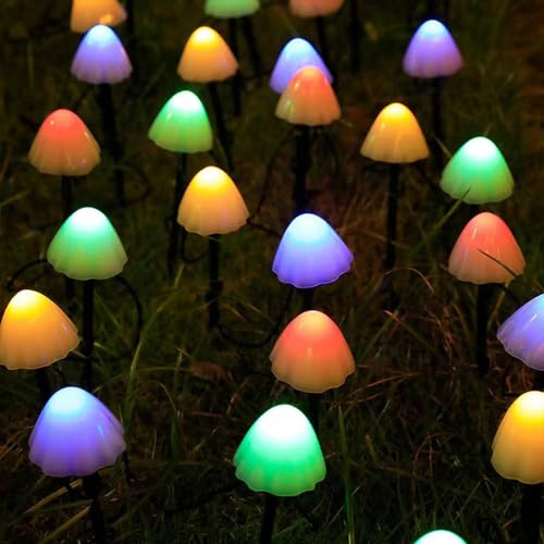 Gosyfeti Cute Mushroom Solar Lights Outdoor Garden Decoration, 30pcs 21.3 ft Multi-Color 8 Modes Waterproof Stake Fairy Lighting Ornaments for Pathway Lawn Patio Yard Wedding Halloween Christmas