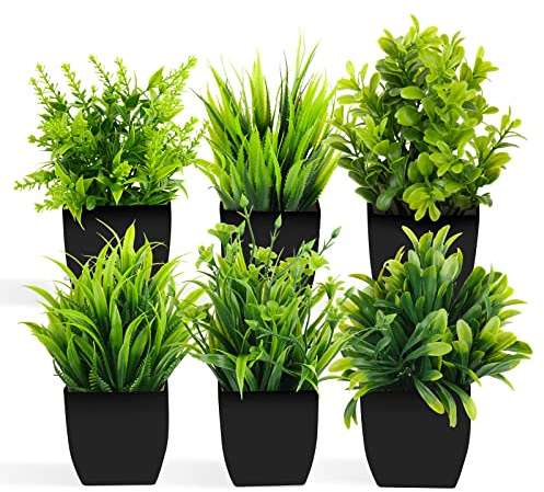 ZAOJUP 6 Stücke Klein Künstliche Pflanzen Mini Artificial Plants Fake Potted Plants Indoor, 8 pcs Small Eucalyptus Potted Faux Decorative Grass Plant with Black Pot for Home Decor