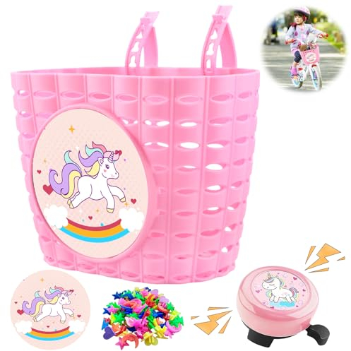 Panier Velo Enfant, Panier de Vélo pour Enfants, Licorne Panier Velo, Panier Avant Vélo Enfants avec Cloche et Autocollant pour Décoratif Vélo, Draisienne, Scooter, Accessoire de Vélo Enfant Filles