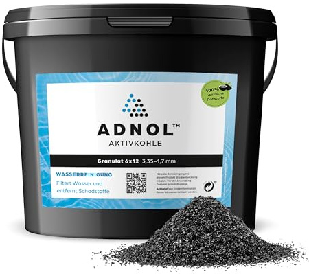 ADNOL® Aktivkohle Granulat 5 Liter aus Kokosnussschalen für Wasserfilter für Aquarium und Teich, Mesh 6x12, Körnung 3,35-1,7mm, Energieklasse A, als Carbon Filter verwendbar