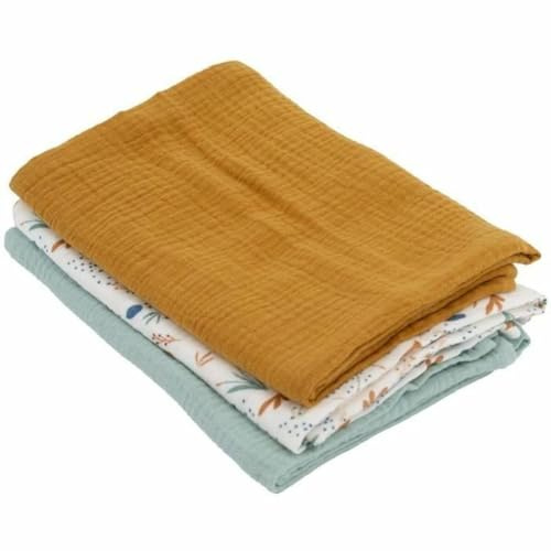 Domiva - 3 Mullwindeln aus Baumwollgaze: 1 Druck + 2 Uni Karamellgrün, 60 x 60 cm, 1 Druck + 2 einfarbig, Karamellgrün