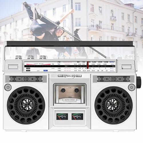 Lecteur de cassettes portable, lecteur de cassettes CD, Boombox Bluetooth rétro des années 80, avec radio AM/FM, prise en charge de l'entrée SD/USB, pour famille, les voyages, la danse de rue,Silver