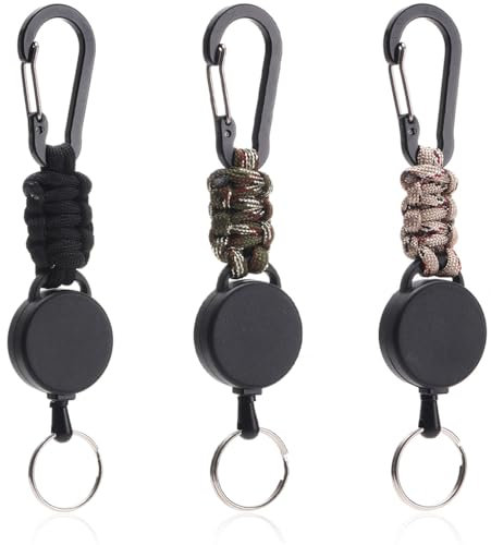 Taasmoog 3 llaveros extensibles, color negro, verde militar, camuflaje, metal, nailon, plástico, clásico, mosquetón, cuerda de acero, 60 cm, multicolor