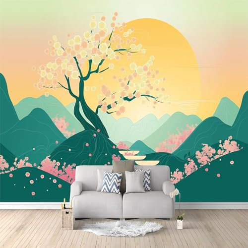 Generico Carta da Parati Moderna Stile Cinese Fiori Di Pesco Sole 200x140 cm Poster Gigante Carta da Parati, Tessuto Non Tessuto Fotomurale Carta da Parati, per Camera Letto, Soggiorno, Corridoio