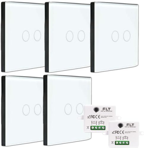 Kit de interruptor inalámbrico – 5 mando a distancia de pared doble luz + 2 mini receptor incorporado – Va y viene sin trabajo – Control remoto táctil – Interruptor de radio RF 433 MHz