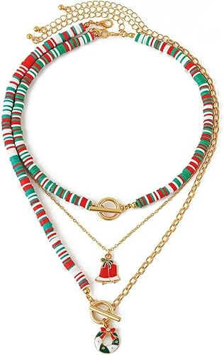 FDEETY Kette Layered Damen Bunte Perlenkette Weihnachten Anhänger Kette Handgefertigt Perlenkette Zarte Mehrreihige Halskette Hypoallergene Weihnachtsschmuck Geschenk