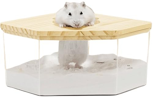 Hamster Sand Bath Box Container, Mini Pet Sandbox Lid Design Take Bath Wooden Sandbox Dust Bath, Transparent Bathroom & Digging Box Acrylic Hamster Litter Box Small Animal Accessories (D Large)