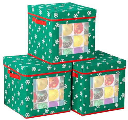 Anbtaee 3Packs Green Weihnachtsschmuck Aufbewahrungsbox für 192 Feiertagsornamente 7.5cm， Xmas Urlaub Aufbewahrungsbehälter mit Reißverschluss Deckel, zwei seitliche Griffe und Taschen, Grün