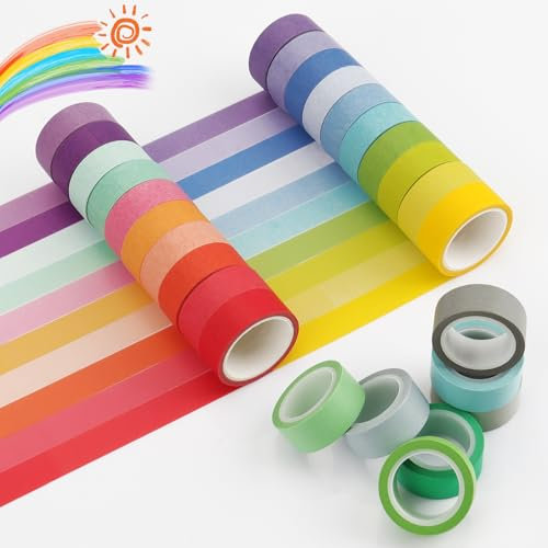 Bomtop Washi Tape, 27 Rollen Washi Tape Set, Washi Tape Kinder, Regenbogen Masking Tape, Deko Klebeband, Klebeband Bunt für Heimwerker, Scrapbooking, Journaling, Bastelzubehör Kinder