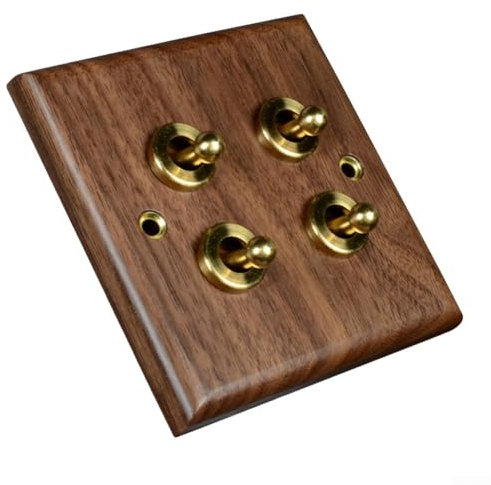 Zeroupshop Interrupteurs à bascule, 1/2 voies rétro en bois de noyer avec levier en laiton, prise électrique vintage (4 boutons)