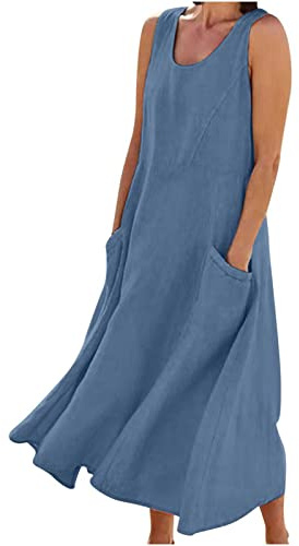 Boho Dresses for Women UK Vintage Cotton Summer Dresses Plain Jersey Swing Maxi Dress Casual Long Sleeve Midi Dress Elegant Beach Linen A-Line Spring with Pockets