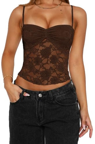 Nicoxijia Sexy Y2k Lace Tops for Women Going Out Crop Tank Top Spaghetti Strap Mesh See Through Camisole Slim Fit Club Shirts (Dark Brown, S)