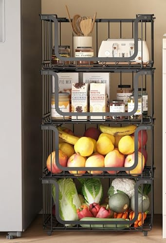 UMDONX 4 Pack Large Metal Storage Baskets Vegtable Fruit Organiser Rack, Stackable Kitchen Pantry Shelf 15.5 with Foldable Handle Freezer Cupboard Tidy, Black Load 60LBS