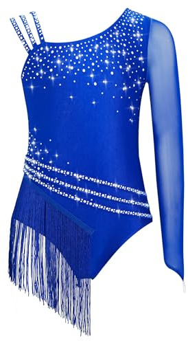 Yruioon Traje de gimnasia para niña con lentejuelas, mono con un hombro de patinaje sobre hielo con cuerpo y flecos, leotardo de competición, disfraz de baile, azul, 146-152