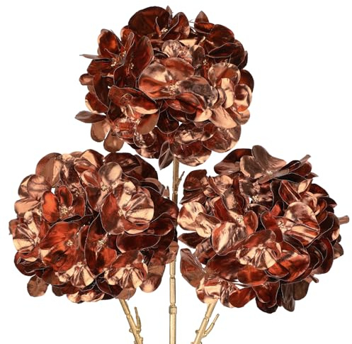 Oairse 3 Pcs Bronze Artificial Hydrangea Flowers Stems 65cm Faux Christmas Flower Arrangements Fake Floral Picks for Christmas Decorations Holiday Wedding Party Table Centrepieces Décor