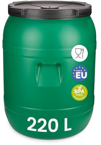Garronda réservoir d'eau de 220 litres, Baril Alimentaire, fût à Large Ouverture en HDPE et sans BPA, tonneau de Jardin, bac à Aliments pour Animaux, conteneur d'eau, tonneau Universel GD-0078, Vert