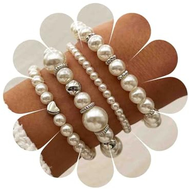 Cybche Boho Stratificato Perla Bracciale Set Argento Palla Perline Bracciale Matrimonio Perla Perline Impilabile Tratto Bracciali Elastici Piccolo Amore Cuore Bangle Cavigliera Gioielli Da Polso Per