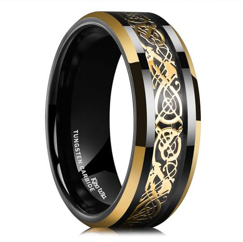 King Will Wolframring für Herren – Celtic Dragon Design, schwarzgoldbeschichteter Ehering, 8mm Breite, Schmuckgröße 64.7 (20.6)