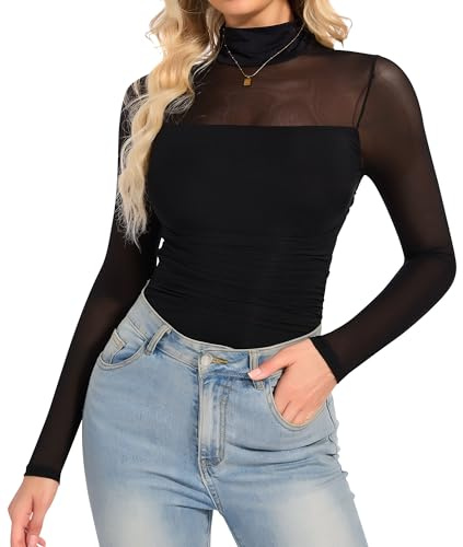 SHAPERIN Body Donna Maniche Lunghe Trasparente Maglietta Arricciati a Collo Alto Top a Rete per Uscire Feste Club Noir M