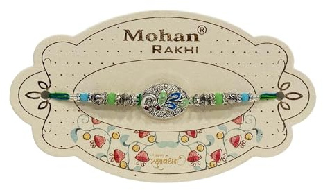 HOME GENIE Peacock Rakhi for Brother – silverfärgat centerpiece med gröna och blå pärlor – dekorativa Raksha-bandhan tråd på konstkort, förpackning med 2
