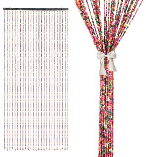 Tokenhigh 90x195cm Beaded Door Curtain, 41 Strands Retro Bead Curtain for Doorway, Room Partition, Fly Screens, Colorful Wooden Hanging Bead Curtain for Doors/Windows/Rooms Dividers
