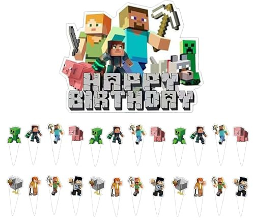 25 Pcs Cake Topper, Happy Birthday Cake Decorations, 1 Large Happy Birthday Topper, 24 Game Cupcake Toppers for Boys Kids, Party Supplies for Boys Girls Decorations