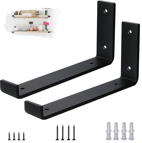 VTOPVMAX Regalhalterungen Schwerlastwinkel 2 Stück - 5 mm Starke Stahl Metall Regalträger mit Lippen, Industrielle Rustikale Schwarz Wand Regal Halterungen Kit 25 cm