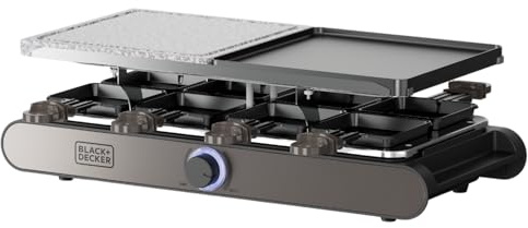 Black+Decker – Raclette elettrica BXFC1400E | 1400W | Per 8 persone | Piastra reversibile grill/plancha + pietra naturale | Termostato regolabile LED | Antiaderente | Accessori inclusi