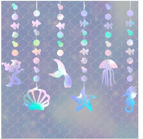 Meerjungfrau Hängenden Girlande Holographisch Irisierende Glitzer 6 Stück, Mermaid Geburtstag Kindergeburtstag Birthday Party Deko Hintergrund für Mädchen Meer Ｑuallen Pool Party