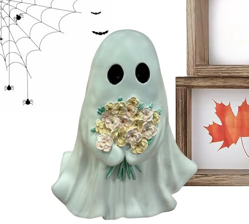 Ghost Decor - Decoración de fantasma de escritorio | Decoración de figuras fantasmas | Escultura fantasma de resina de 7.87 pulgadas con flores, adorno de escritorio para el hogar, mesa, ventana