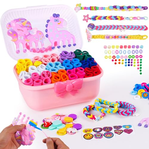 DIY Bracelet Making Kit for Kids Age 6+ Years Old, Kids Art and Craft Kit, 1200+ Colorful Hair Ties Rubber Band Bracelet Make Toy with Unicorn Giraffe Weaving Comb, Organizer Case,Gifts for Girle
