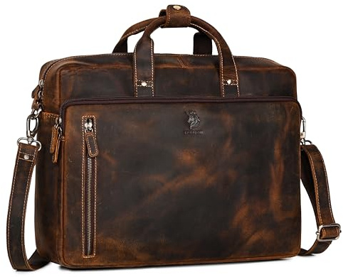 LEARICHI 16 Zoll Handgefertigte Jäger Verzweifelt Leder Laptop Schulter Aktentasche für Männer Braune Umhängetasche im Vintage Stil Mit Gepolstertem Fach Vertikale Tasche