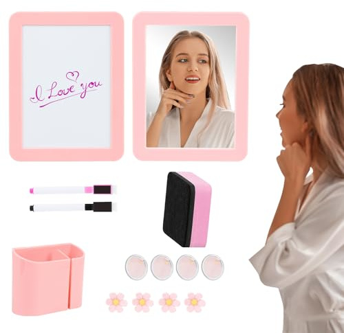 Magnetisches Schließfach-Organizer-Set, Spiegel, Whiteboard, Magnete, Stifthalter und niedliches Zubehör für Schul- oder Fitnessstudio-Schließfächer, Rosa, 14-teilig