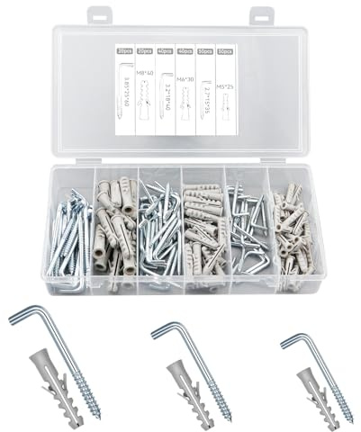 MISIQIMA Juego de 220 ganchos de rosca en forma de L, ganchos de rosca con tacos, ganchos de pared para atornillar de acero galvanizado, 3 tamaños, ganchos de fijación adecuados para el hogar, la