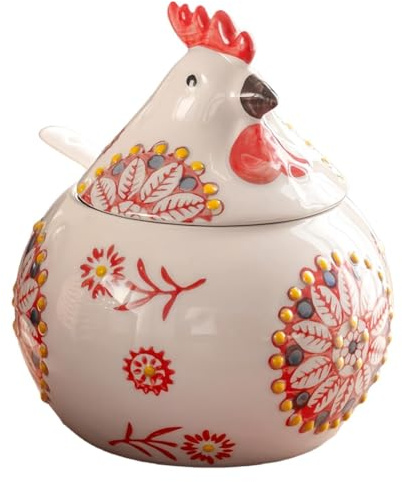 Osmond Salero de Cerámica con Tapa y Cuchara, Tarro Grande de 13 Oz con Forma de Pollo, Soporte para Sal para Mostrador, Café y Dulces, Color Rojo.