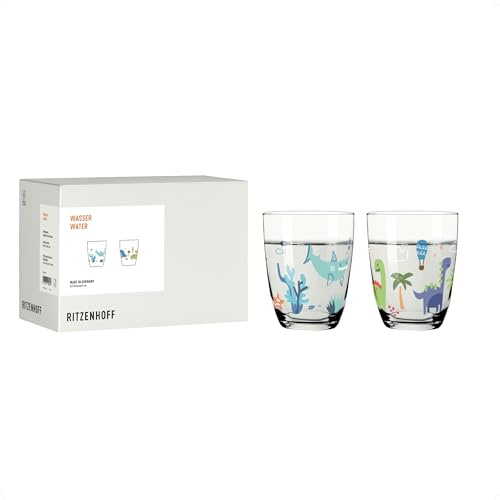 RITZENHOFF 8361003 - Set di 2 bicchieri da acqua da 200 ml, motivo: dinosauro colorato e divertente squalo, made in Germany