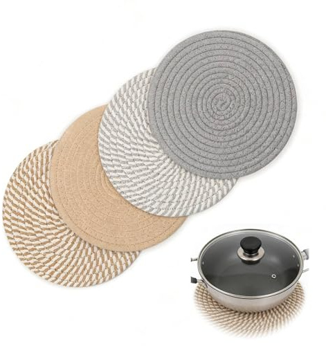 4 Pcs Round Woven Placemats, 20cm Diameter Cotton Heat Resistant Table Mats Set, 3cm Thick Coasters for Pans, Pots, Kitchen & Dining Table
