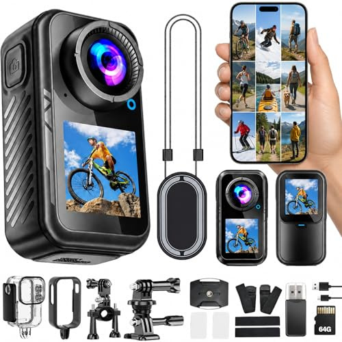 TOSBARRFT Camcorder Deportivo 5K 64MP, Mini Cámara de Acción Magnética 66g, Doble Pantalla 1,3, Cámara Vlog POV para Bicicleta y Viaje, Estabilización 1080P, Resistente al Agua 30M con Estuche