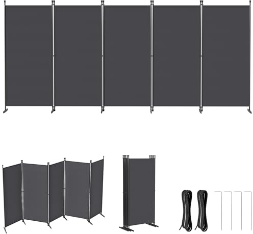 Froadp Paravent Raumteiler 5 Teilig Faltbarer Raumtrenner 400x180cm Flexible Stellwand Sichtschutz mit Erdnägeln und Seilen Freistehend Trennwand für Wohnzimmer Büros Garten Balkon, Dunkelgrau