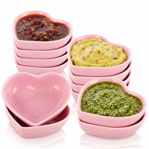 YKUKIZEE 12 PCS Pink Heart Ramekin 50 ML Ceramic Mini Sauce Bowl Dip Dish | 8 CM Love Heart Bowls Side Seasoning Dish Porcelain Sushi Soy Bowl for Serving Ketchup Condiment