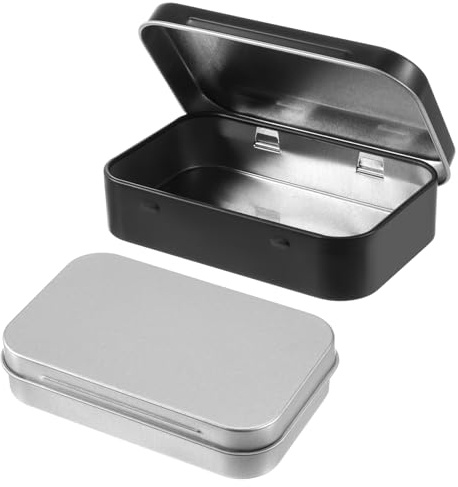 2Pcs Metal Rectangular Empty Hinged Tins Tin Containers, Mini Portable Storage Box with Lid, Small Storage Container for Candy Key Earrings Food Storage, 3.7 x 2.3 x 0.8 Inch, Black and Silver