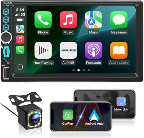 7 Zoll 2 Din Radio mit Wireless CarPlay & Android Auto, Auto Radio Touch Display mit Rückfahrkamera, Bluetooth, FM Radio, Mirror Link, EQ, Freisprecheinrichtung, USB, Type-C, GPS Navigation