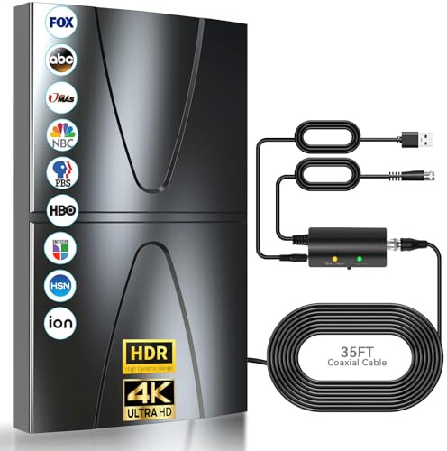 600km+ Antena TV Interior Potente，2026 Nueva Antena TDT Interior con Amplificador De Señal En，360°Recibe Canales De TV De Alta Definición 8K 4K 1080P，Compatible con Todos Los Tvs，Cable Coax De 10M