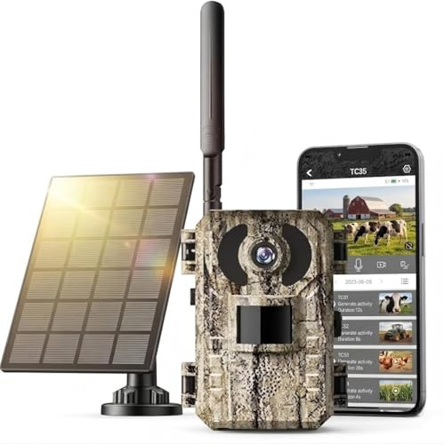 GMOX Telecamera da caccia solare 4G LTE con SIM, visione notturna a colori 2K, rilevamento PIR, attivazione 0,2 s, grandangolo 120°, IP65 impermeabile