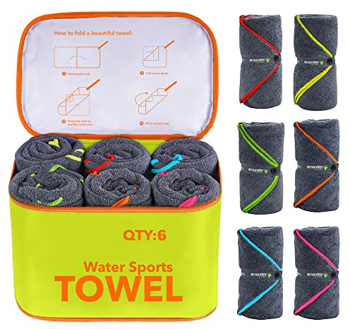 4Monster 6-Pack Quick Dry Microfiber Travel Towels – Super Absorbent, Ultra-Soft Camping Towel Set with Water-Resistant Bag, Lightweight & Compact for RV, Gym, Beach, Pool, Swimming, and Family Trips