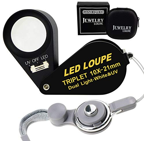 Juwelier Lupe, 10X Vergrößerung Beleuchtete Juwelierlupe, Metall Faltbare Schmucklupe mit 6 LED & UV Licht Taschenlupe für Uhrmacher Juwelier 21mm Lupen für Edelsteine, Schmuck, Münzen, Briefmarken