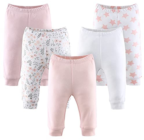 The Peanutshell 5 Pack Baby Girl Pants Set - 100% Cotton Toddler Pants for Baby Girls, Newborn Baby Girl Clothes for Toddlers and Babies - Flower Pink